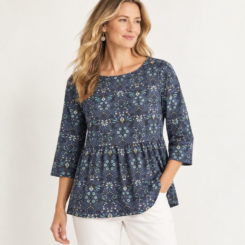 J. Jill Women’s S Petite Floral Babydoll Tunic Top 3/4 Sleeve Cotton Modal Blue